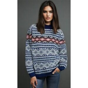 American Pride Nordic Sweater Womens Size Medium Blue Long Sleeve Mock-neck USA